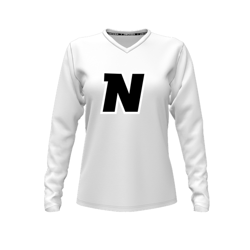 [CUS-DFW-TEES-CMF-VNK-LSL-WHT-FYXS-LOGO1] Decker Comfort T-Shirt (Female Youth XS, White, V Neck, Logo 1, Long Sleeve)