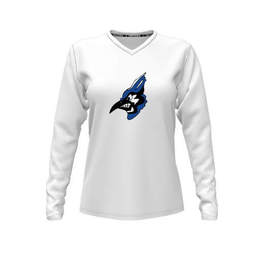 [CUS-DFW-TEES-CMF-VNK-LSL-WHT-FYXS-LOGO3] Decker Comfort T-Shirt (Female Youth XS, White, V Neck, Logo 3, Long Sleeve)